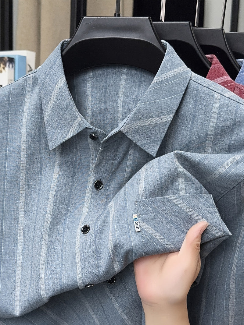 Grey-blue Vertical Stripe Regular Fit Office Shirt