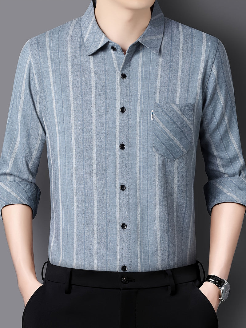 Grey-blue Vertical Stripe Regular Fit Office Shirt