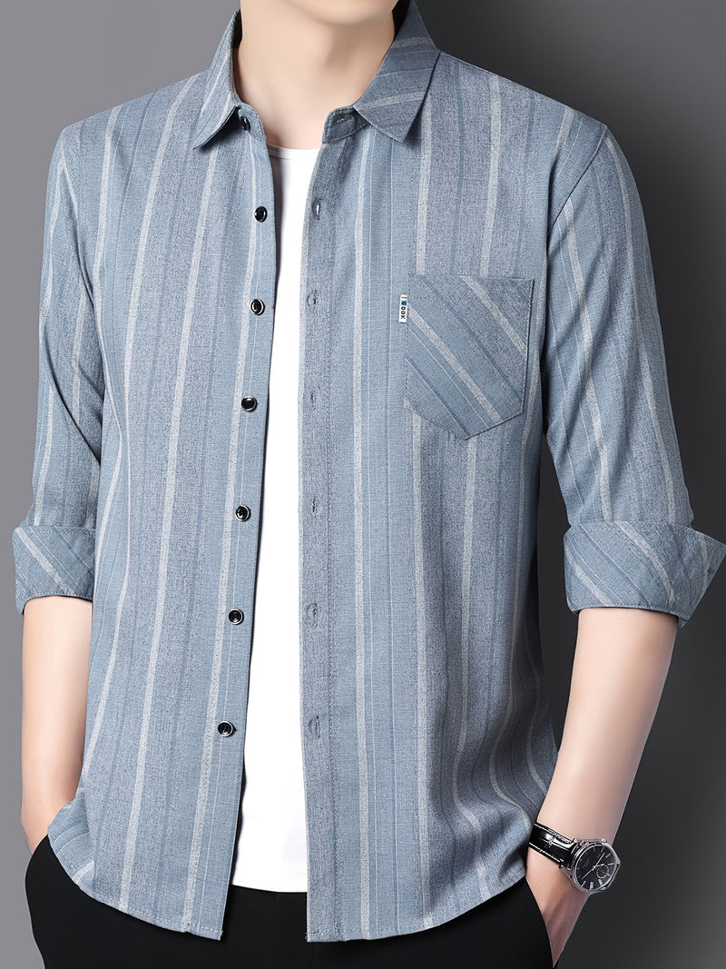 Grey-blue Vertical Stripe Regular Fit Office Shirt