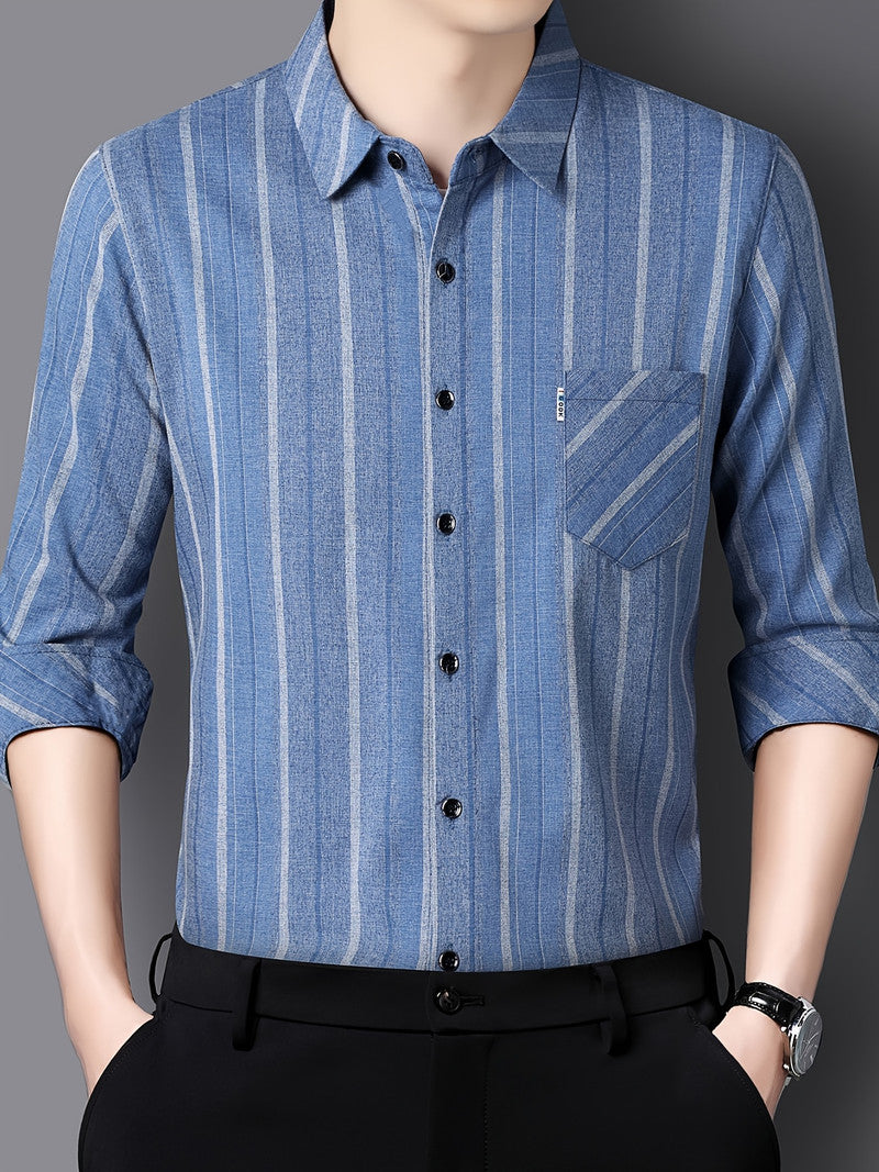 Ocean Blue Vertical Stripe Regular Fit Office Shirt