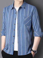 Ocean Blue Vertical Stripe Regular Fit Office Shirt