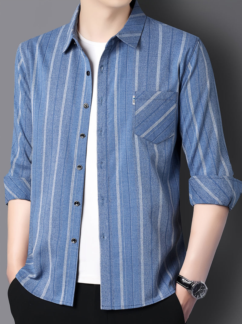 Ocean Blue Vertical Stripe Regular Fit Office Shirt