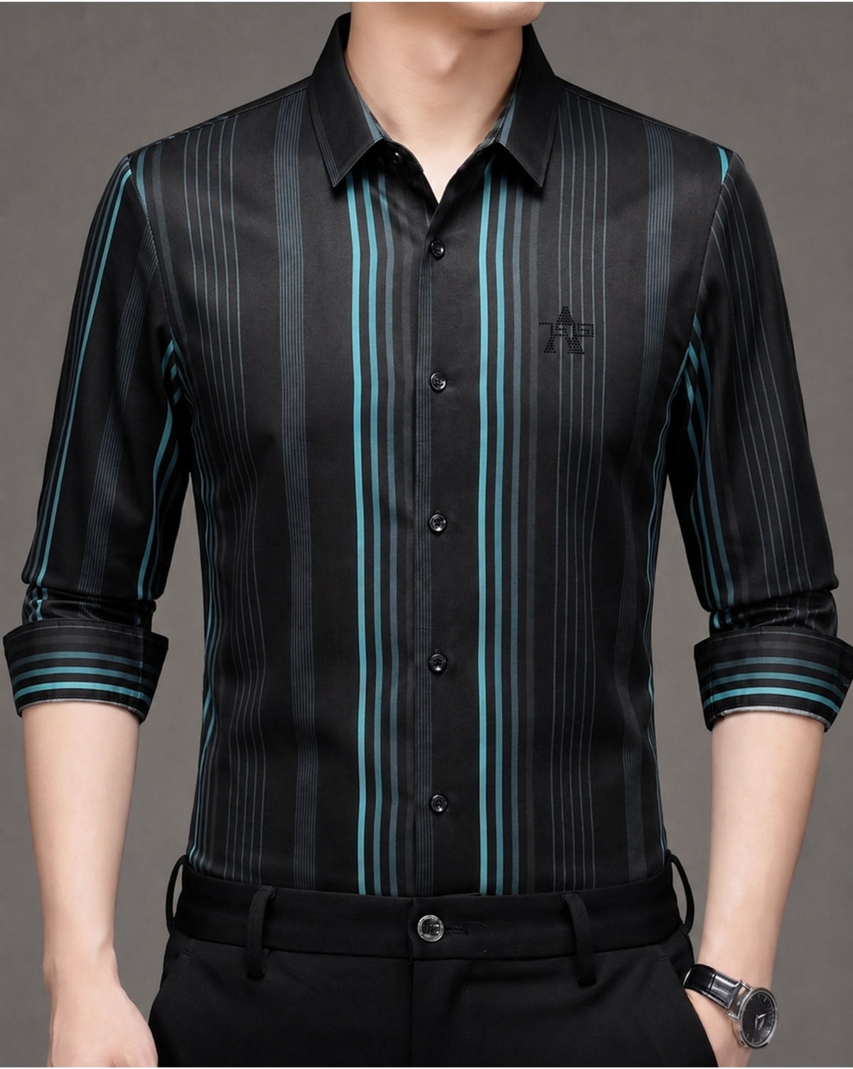 Men's Black & Teal Vertical Stripe Stretch Shirt