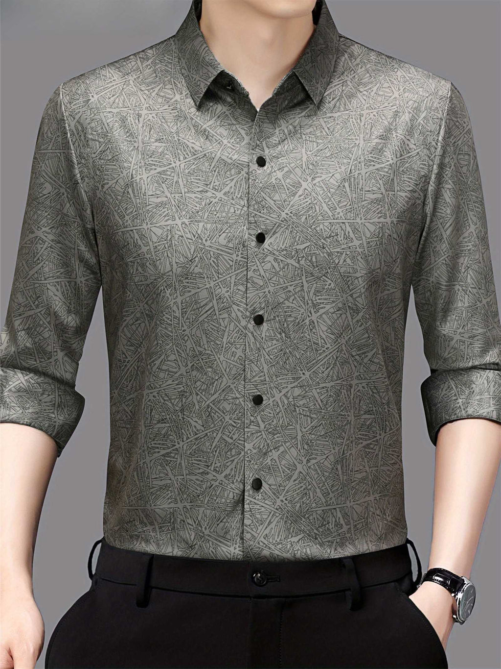 Ash Green Abstract Print Slim Fit Shirt